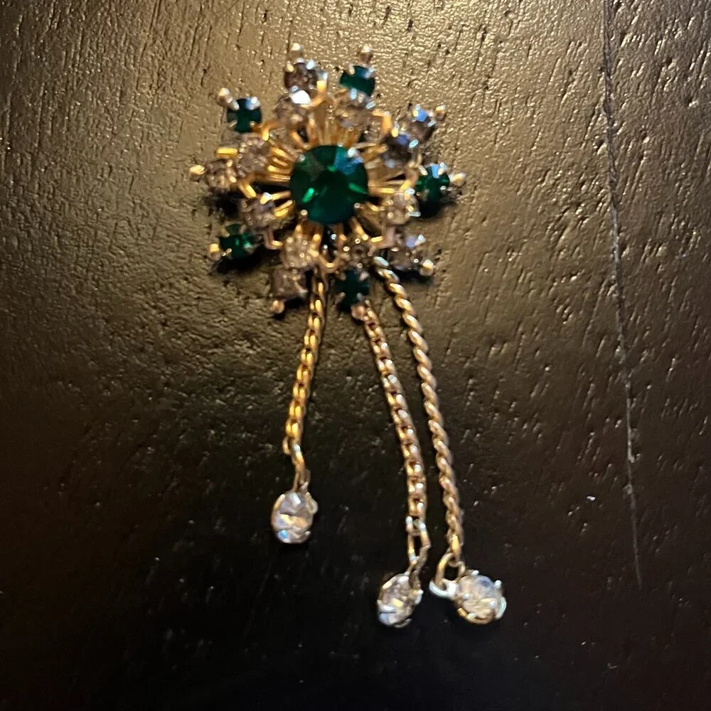 Vintage Coro Green and White Rhinestone Dangling Brooch Gold Tone